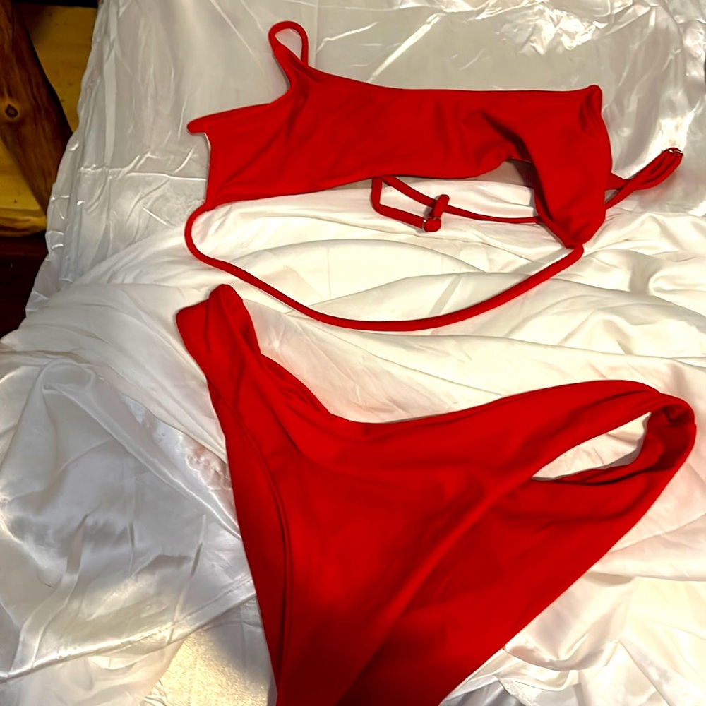 Bright red thong bikini 💋